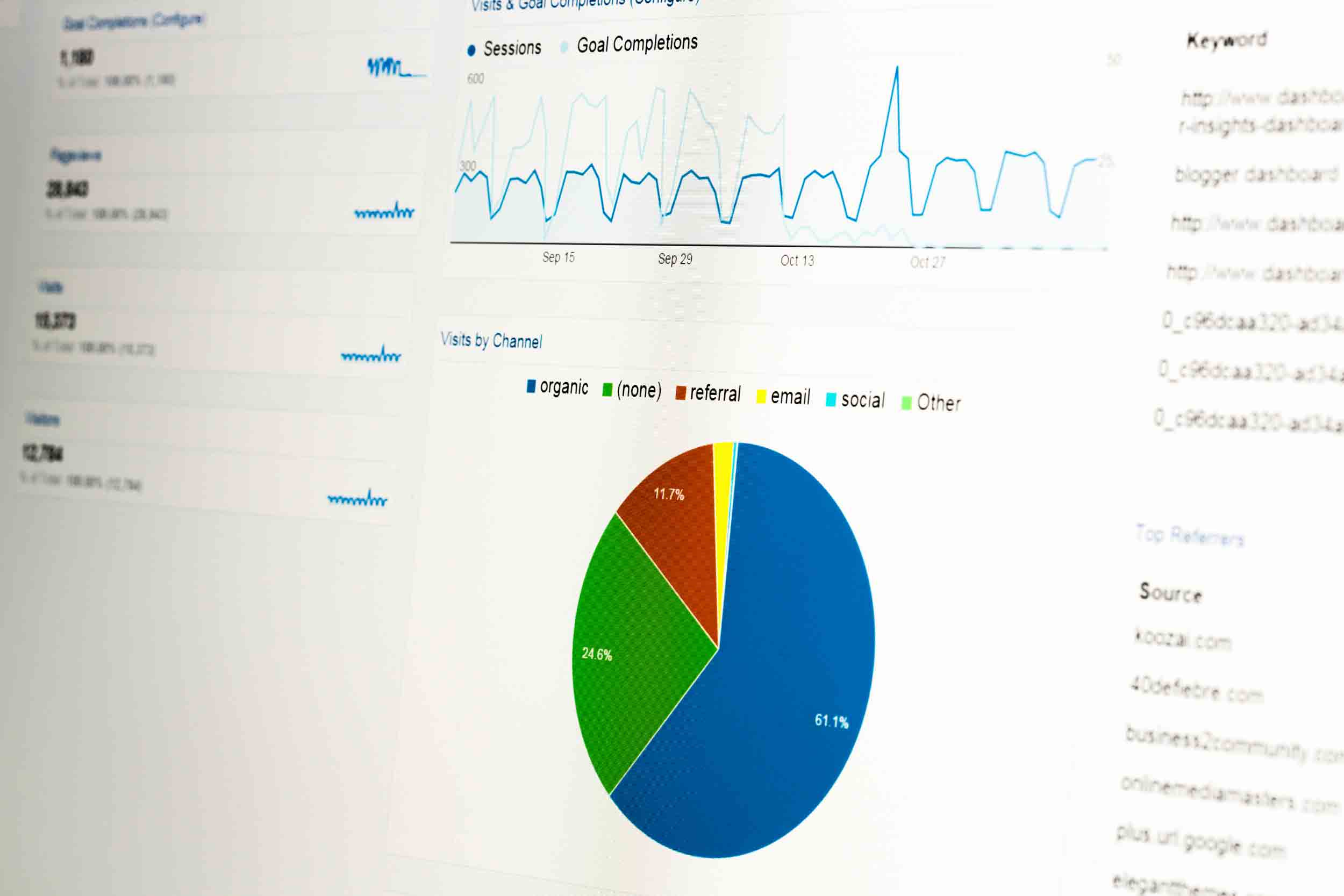 Website analytics screenshot of pie charts and graphs for website traffic sources